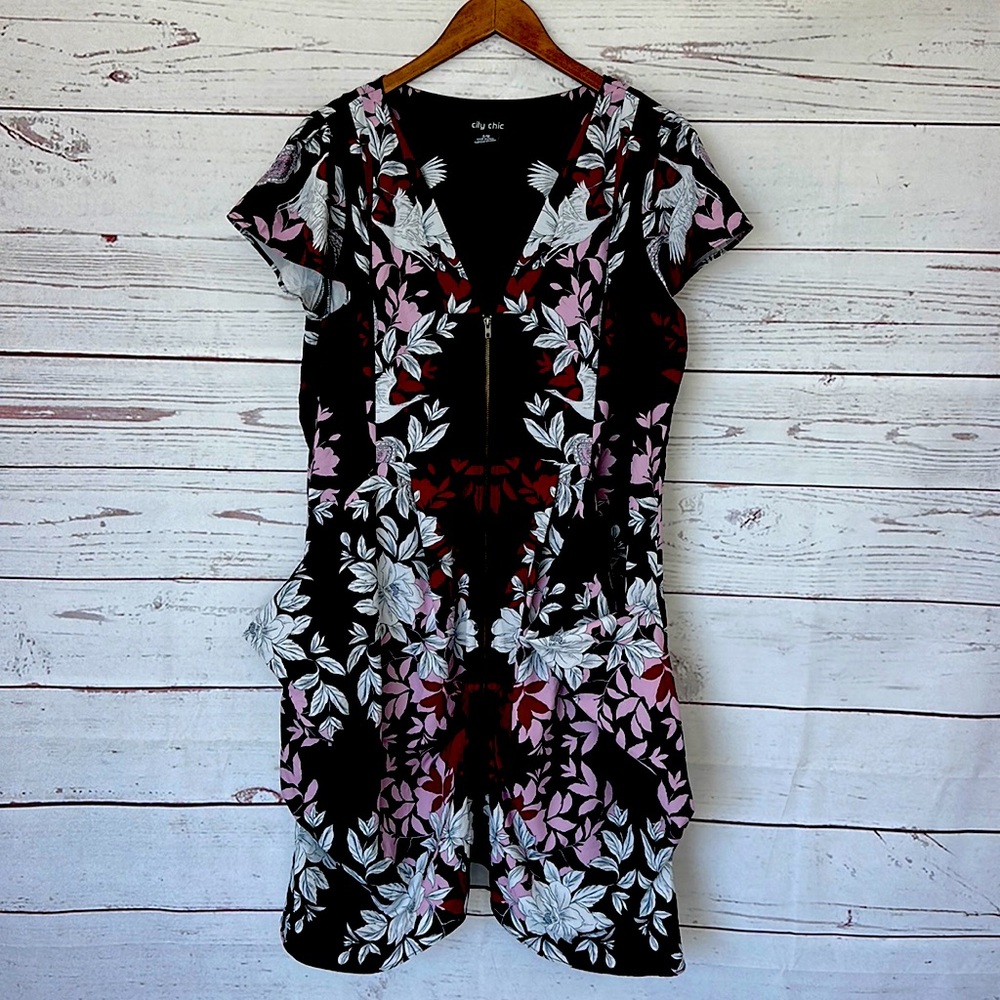 City Chic Floral Zip-Front Black & Pink Dress